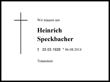 Traueranzeige von Heinrich  Speckbacher von Region Chiemgau